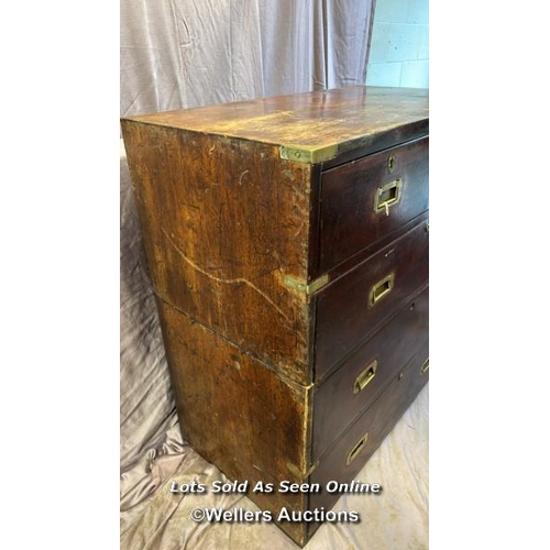 169 - 19TH CENTURY TEAK AND MAHOGANY MILITARY CAMPAIGN CHEST (IN TWO PARTS), BISECTED FOR TRANSPORT WITH F... 