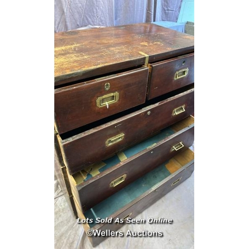 169 - 19TH CENTURY TEAK AND MAHOGANY MILITARY CAMPAIGN CHEST (IN TWO PARTS), BISECTED FOR TRANSPORT WITH F... 