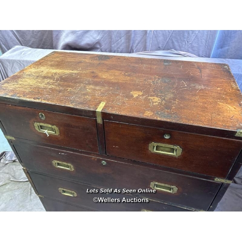 169 - 19TH CENTURY TEAK AND MAHOGANY MILITARY CAMPAIGN CHEST (IN TWO PARTS), BISECTED FOR TRANSPORT WITH F... 