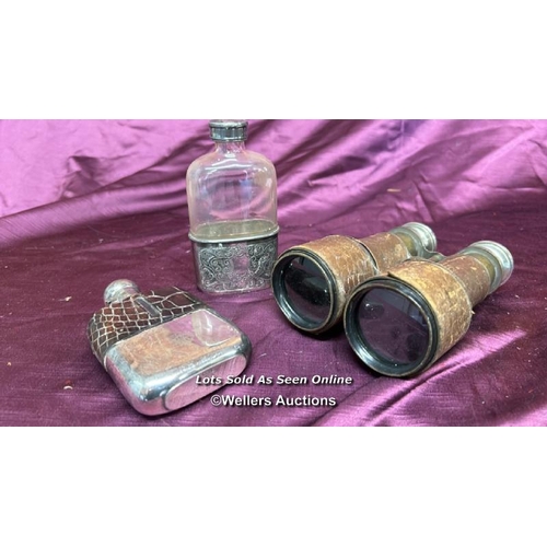 182 - PAIR OF CROCODILE SKIN BINOCULARS AND TWO ENGRAVED MONOGRAM HIP FLASKS