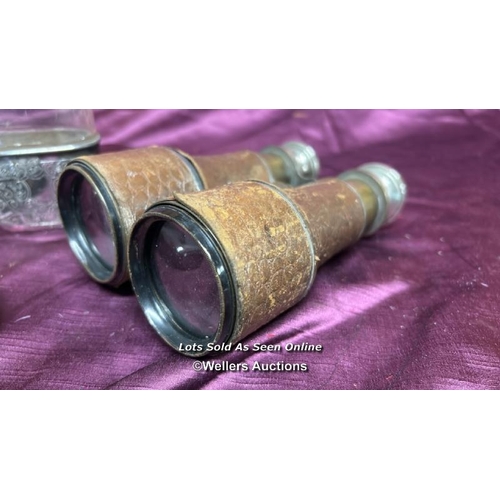 182 - PAIR OF CROCODILE SKIN BINOCULARS AND TWO ENGRAVED MONOGRAM HIP FLASKS