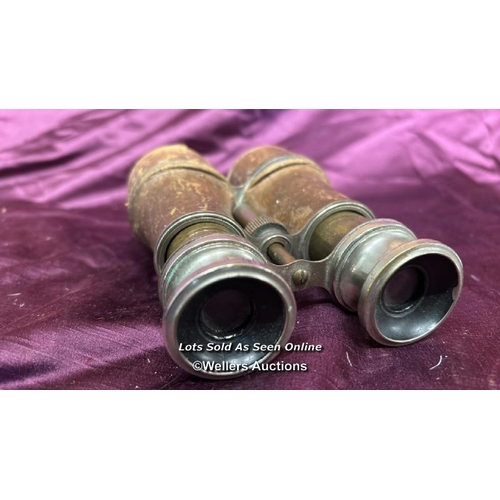 182 - PAIR OF CROCODILE SKIN BINOCULARS AND TWO ENGRAVED MONOGRAM HIP FLASKS