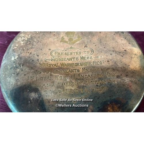 193 - 1904 DATED SILVER PLATED PRESENTATION DINNER GONG, ENGRAVED 'PRESENTED TO SERGEANTS MESS SECOND ROYA... 