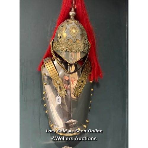 202 - HOUSEHOLD DIVISION (BLUES AND ROYALS), CUIRASSIERS BREASTPLATE AND HELMET DISPLAY PIECE