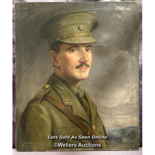 205 - OIL ON CANVAS PORTRAIT OF A WORLD WAR ONE SOLDIER, L. CAREY (1915), INDISTICT DESCRIPTIONS ON BACK O... 