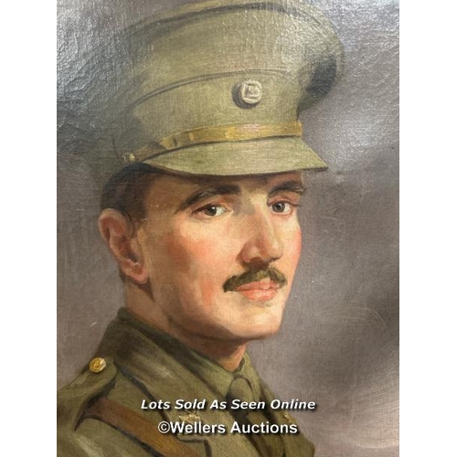 205 - OIL ON CANVAS PORTRAIT OF A WORLD WAR ONE SOLDIER, L. CAREY (1915), INDISTICT DESCRIPTIONS ON BACK O... 