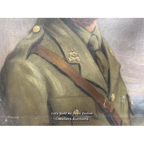 205 - OIL ON CANVAS PORTRAIT OF A WORLD WAR ONE SOLDIER, L. CAREY (1915), INDISTICT DESCRIPTIONS ON BACK O... 