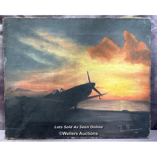 207 - OIL ON CANVAS DEPICTING SILHOUETTE OF SPITFIRE, BY JOHN HARDMAN IN 1944 (L.A.C 1297151), 30.5 X 37CM