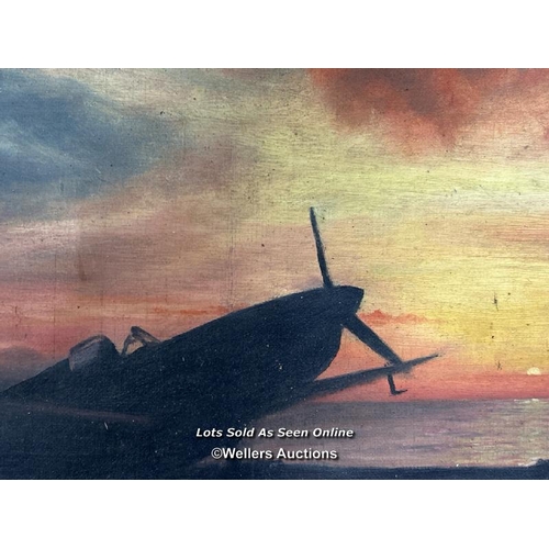 207 - OIL ON CANVAS DEPICTING SILHOUETTE OF SPITFIRE, BY JOHN HARDMAN IN 1944 (L.A.C 1297151), 30.5 X 37CM