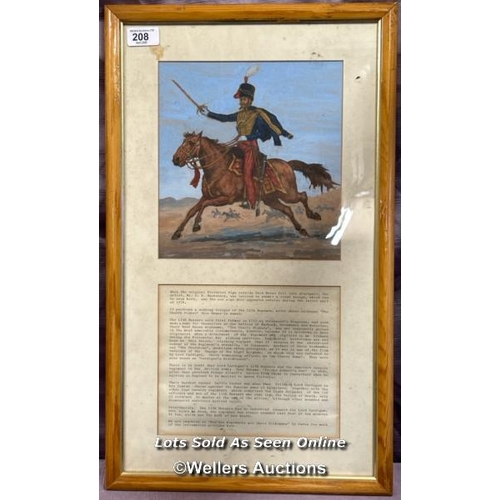 208 - FRAMED AND GLAZED WATERCOLOR DEPICTING A DASHING TROOPER OF THE 11TH HUSSARS AFTER THE REGIMENTS NIC... 