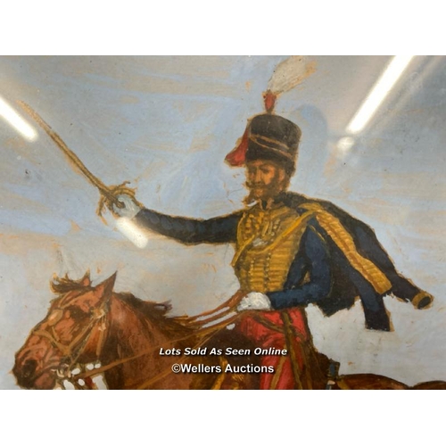 208 - FRAMED AND GLAZED WATERCOLOR DEPICTING A DASHING TROOPER OF THE 11TH HUSSARS AFTER THE REGIMENTS NIC... 