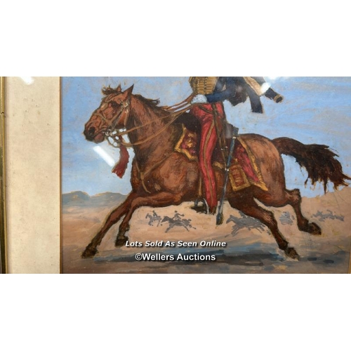 208 - FRAMED AND GLAZED WATERCOLOR DEPICTING A DASHING TROOPER OF THE 11TH HUSSARS AFTER THE REGIMENTS NIC... 