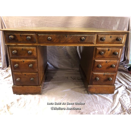 56 - MID 19TH CENTURY WALNUT VENEERED MAHOGANY LINED TWIN PEDESTAL WRITING DESK WITH LEATHER INLAID, COMP... 