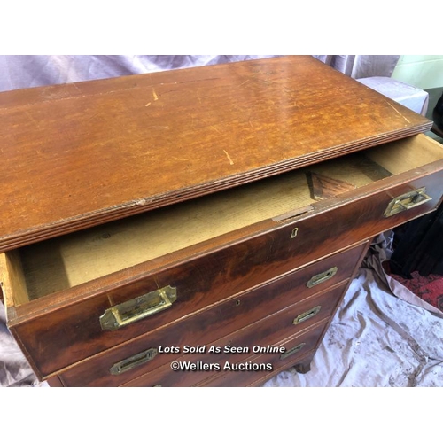 59 - 19TH CENTURY FLAMED MAHOGANY CAMPAIGN CHEST WITH FIVE DRAWERS, ON SPLAYED FEET, 87 X 43.5 X 117CM