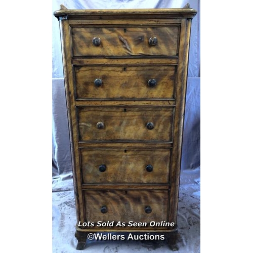 61 - 1870 WALNUT CHEST OF FIVE DRAWERS, ON SPLAYED FEET, 59.5 X 47.5 X 125.5CM