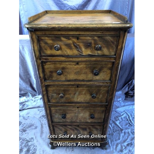 61 - 1870 WALNUT CHEST OF FIVE DRAWERS, ON SPLAYED FEET, 59.5 X 47.5 X 125.5CM