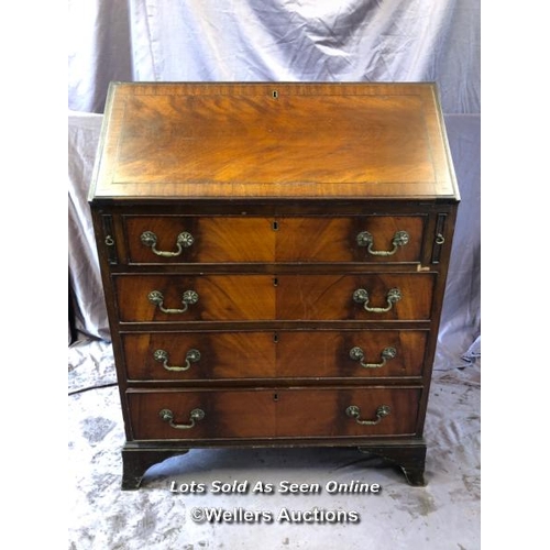 62 - 19TH CENTURY FLAMED MAHOGANY BUREAU WITH FOUR DRAWERS ON SPLAYED FEET, 76 X 47 X 100CM