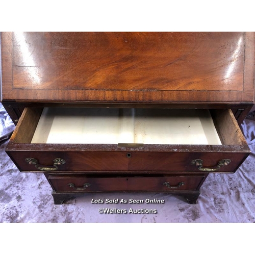 62 - 19TH CENTURY FLAMED MAHOGANY BUREAU WITH FOUR DRAWERS ON SPLAYED FEET, 76 X 47 X 100CM