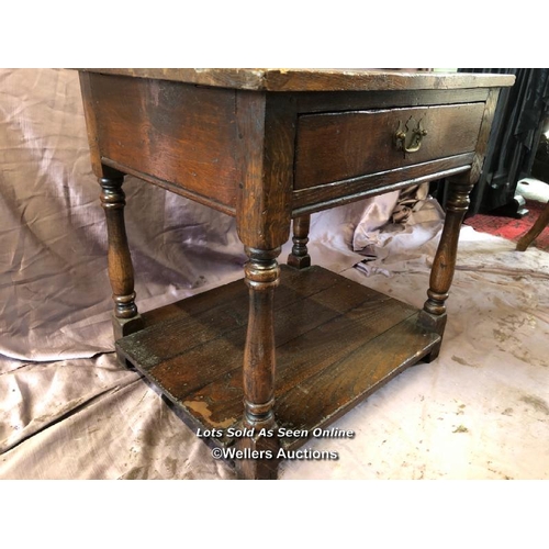 66 - SMALL OAK OCCASIONAL TABLE WITH ONE DRAWER ON TURNED LEG SUPPORTS, 58 X 47 X 58CM