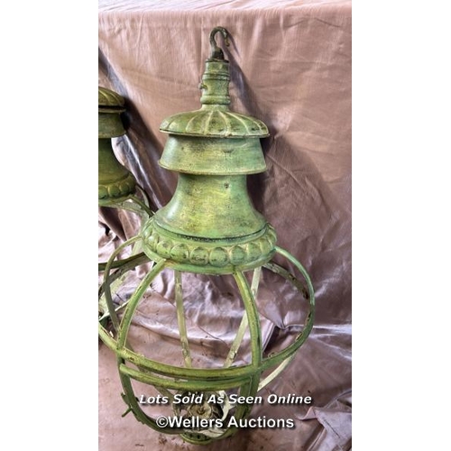 68 - 19TH CENTURY HANGING LANTERNS IN VERDIGRIS PAINT, DIAMETER 50CM X HEIGHT 100CM