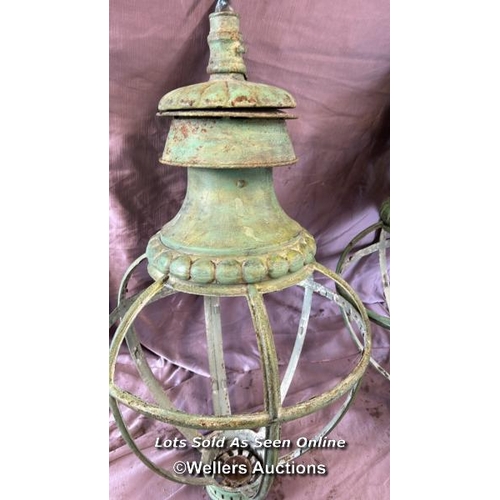 68 - 19TH CENTURY HANGING LANTERNS IN VERDIGRIS PAINT, DIAMETER 50CM X HEIGHT 100CM