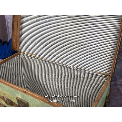 75 - VINTAGE CANVAS MILITARY TRUNK WITH LEATHER MOUNTS AND STRAPS, PREVIOUSLY OWNED BY R G FENWICK-PALMER... 