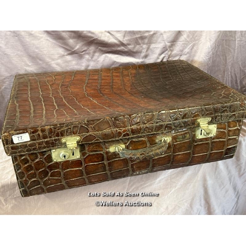 77 - LARGE VINTAGE CROCODILE SKIN SUITCASE, 72 X 22 X 46CM