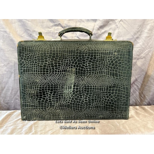 79 - VINTAGE CROCODILE SKIN PICNIC HAMPER, WITH INITIALS M.P. 46 X 16 X 34CM