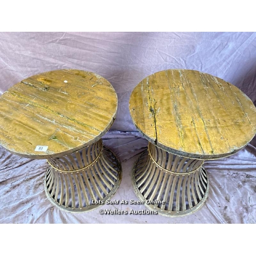 83 - PAIR OF METAL AND WOODEN GARDEN TABLES, DIAMETER 50CM X HEIGHT 60CM