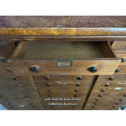 84 - 19TH CENTURY FLIGHT OF 33 DRAWERS, WALNUT VENEERS AND MAHOGANY LINED, 149 X 57 X 130CM