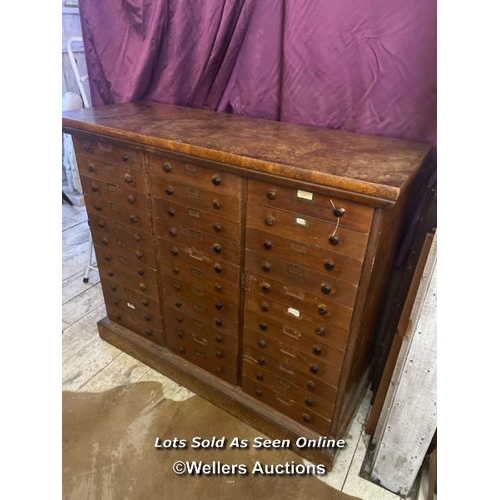 84 - 19TH CENTURY FLIGHT OF 33 DRAWERS, WALNUT VENEERS AND MAHOGANY LINED, 149 X 57 X 130CM