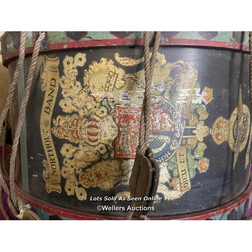 92 - PRE-WAR BASE DRUM TO ROYAL AIRFORCE NORTHOLT BAND, COMPLETE WITH SKINS AND ROPES, DIAMETER 67CM X HE... 