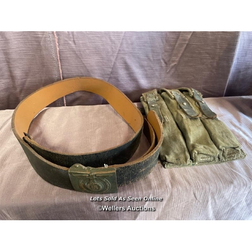 393 - WW2 PATTERN GERMAN LEATHER BELT WITH CLASP AND MP40 MAGAZINE POUCH (RE-ENACTMENT)