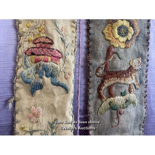 409 - 19TH CENTURY PAIR HAND EMBROIDERED WALL HANGINGS, 203CM AND 197CM (LEFT TO RIGHT)