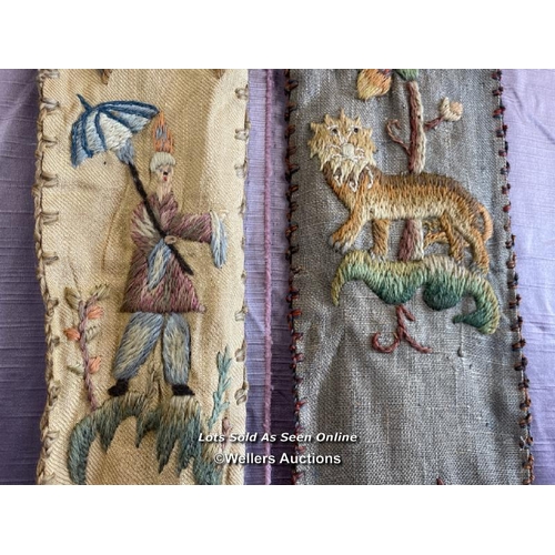 409 - 19TH CENTURY PAIR HAND EMBROIDERED WALL HANGINGS, 203CM AND 197CM (LEFT TO RIGHT)