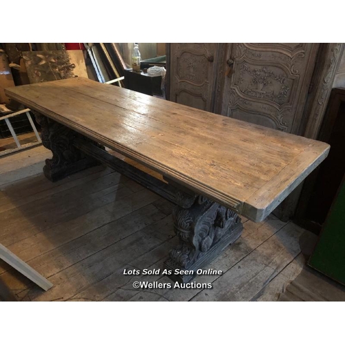 428 - BLEACHED RED PINE TOPPED REFECTORY TABLE ON MAGNIFICENTLY CARVED COMPOSITION STONE BASE, 250 X 83 X ... 