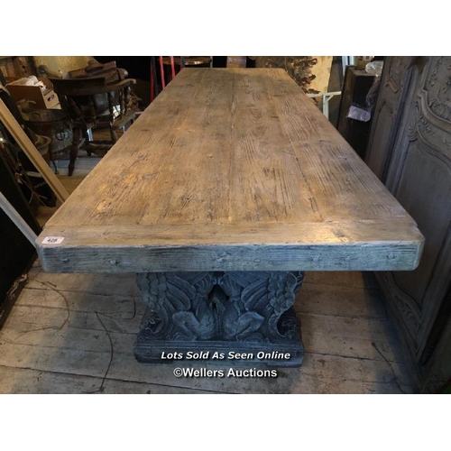 428 - BLEACHED RED PINE TOPPED REFECTORY TABLE ON MAGNIFICENTLY CARVED COMPOSITION STONE BASE, 250 X 83 X ... 