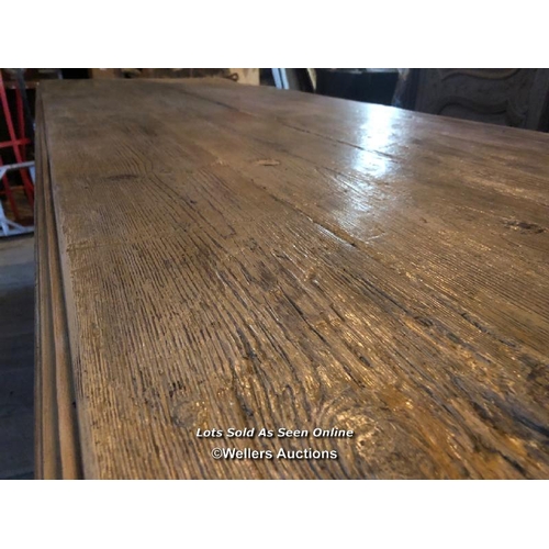 428 - BLEACHED RED PINE TOPPED REFECTORY TABLE ON MAGNIFICENTLY CARVED COMPOSITION STONE BASE, 250 X 83 X ... 