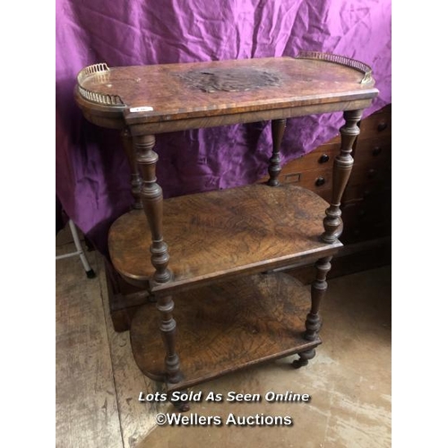 436 - THREE TIER SHELF WITH FIGURE WALNUT VENEERED ON TURNED SUPPORTS, RESTORATION TO TOP SHELF REQUIRED, ... 