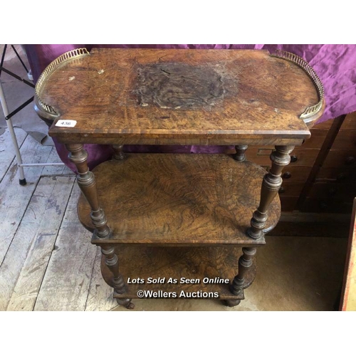 436 - THREE TIER SHELF WITH FIGURE WALNUT VENEERED ON TURNED SUPPORTS, RESTORATION TO TOP SHELF REQUIRED, ... 