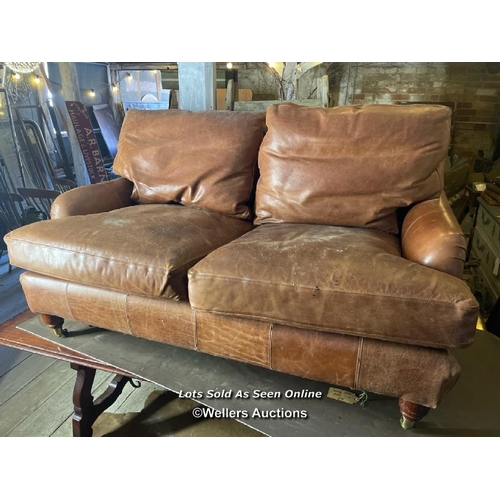 446 - MODERN SOFA IN LEATHER HIDE, IN THE HOWARD DESIGN, NICELY LIVED IN WITH GENERAL WEAR AND TEAR