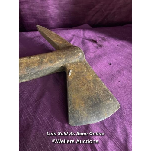 450 - CIRCA 1900'S FIREMANS AXE, 93 X 28CM, AND A PAIR OF OLD BELLOWS