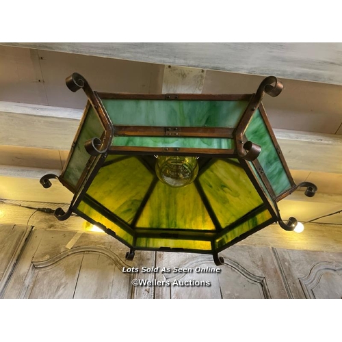 456 - ARTS AND CRAFTS HANGING LANTERN WITH GREEN OPAQUE GLASS PANELS, DIAMETER 65CM X HEIGHT 35CM