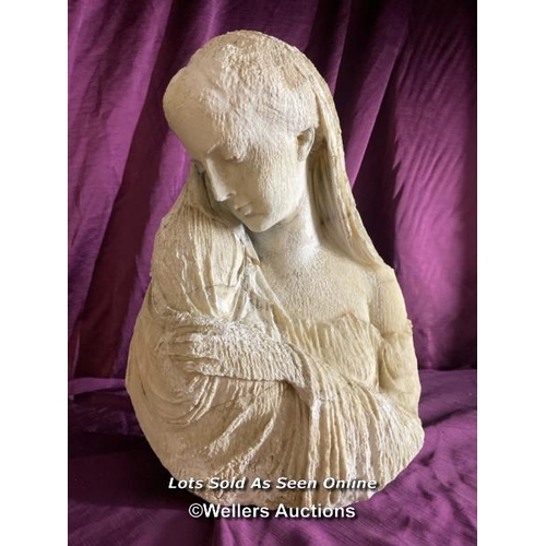 457 - MARBLE BUST, POSSIBLY THE VIRGIN MARY, 32 X 25 X 48CM