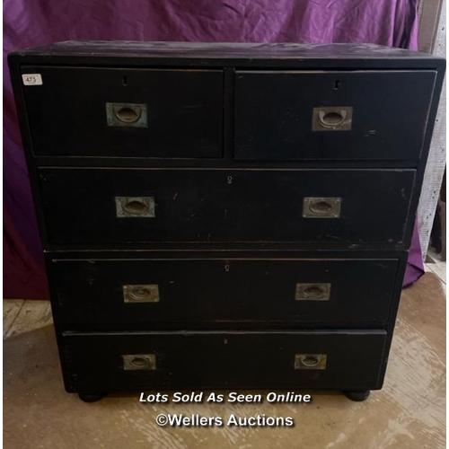 473 - 19TH CENTURY MILITARY CAMPAIGN CHEST AFTER HAVING A WASH OF BLACK PAINT, BISECTING FOR TRANSPORT, 91... 