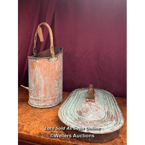 474 - COPPER COAL SCUTTLE, HEIGHT 54CM AND VERDIGRIS PAN LID, LENGTH 56CM