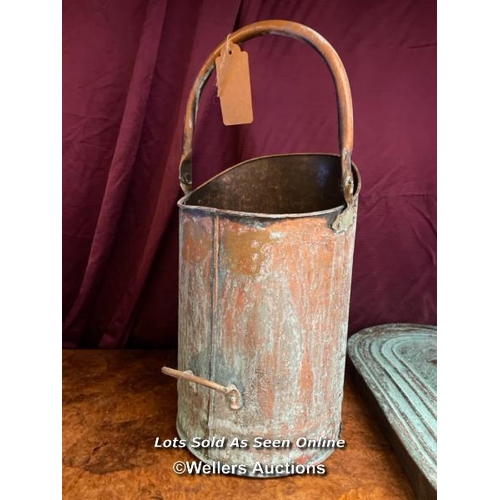 474 - COPPER COAL SCUTTLE, HEIGHT 54CM AND VERDIGRIS PAN LID, LENGTH 56CM