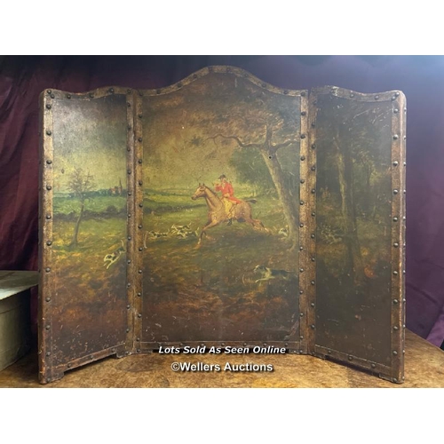 475 - CIRCA 1910, LEATHER HAND PAINTED HUNTING SCENE, TRIFOLD FIRE SCREEN, WIDTH 91CM (FULL EXTENSION) X H... 