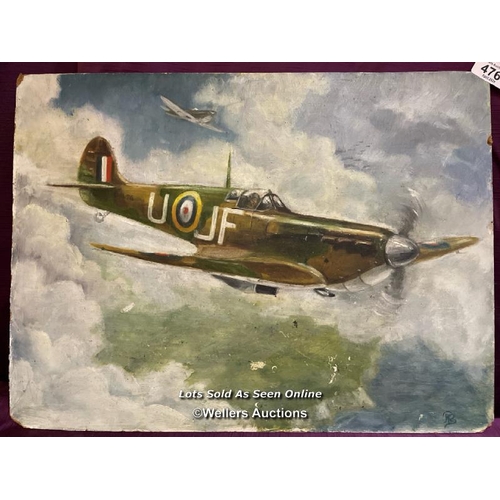 476 - OIL ON BOARD PAINTING OF A SPITFIRE, SIGNED RB, 44 X 33CM