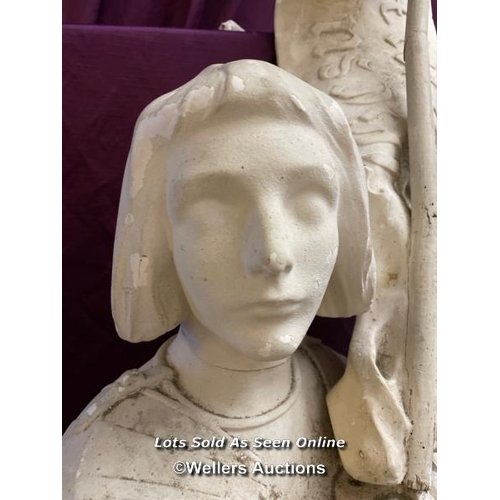 486 - PLASTER CAST STATUE OF JOAN OF ARC, MAID OF ORLEANS, ALL MAJOR PARTS PRESENT AND SOME REPAIR NEEDED ... 